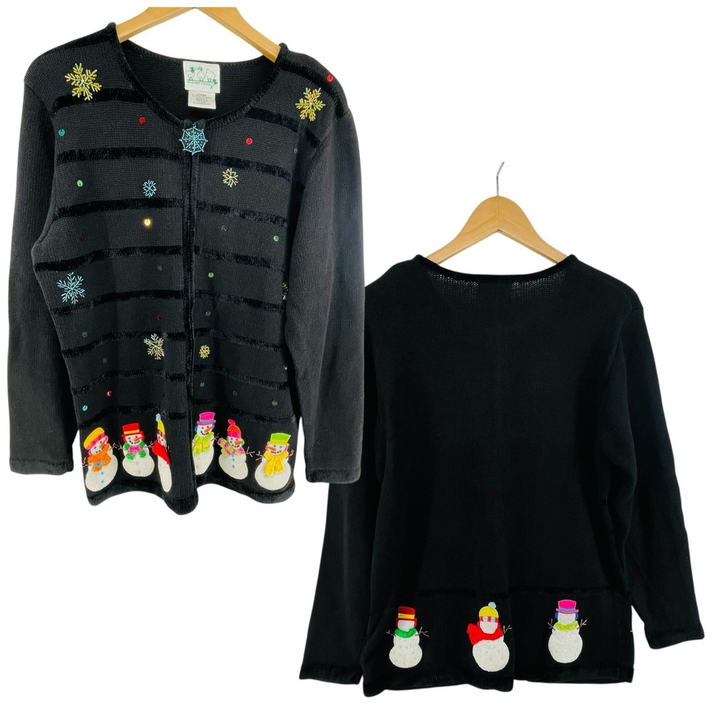 Vtg The Quacker Factory Sweater L Christmas Beaded Embroidered Snowman Cardigan